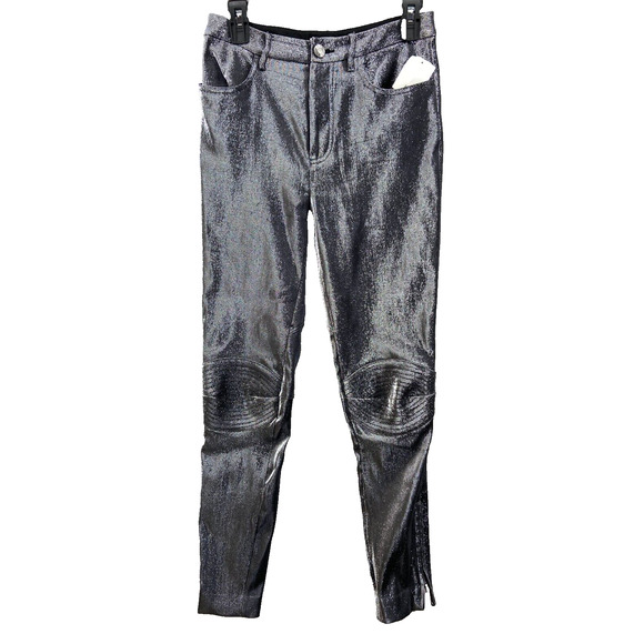 AREA Leggings Womens Size 6 Metallic Moto-knee Leggings In Silver Zip Leg Club - Picture 3 of 16
